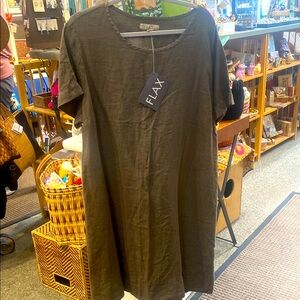 FLAX brown linen, short sleeve dress🌺NWTs